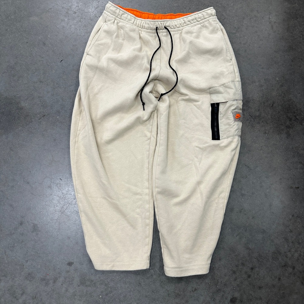 Nike Sportswear Men Oatmeal Beige Orange Cargo Sweatpants Large Wide Leg Fleece